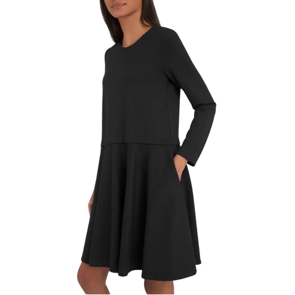 Cuyana Dress Womens Small Black Ponte Knit Long Sleeve Fit and Flare Pockets
